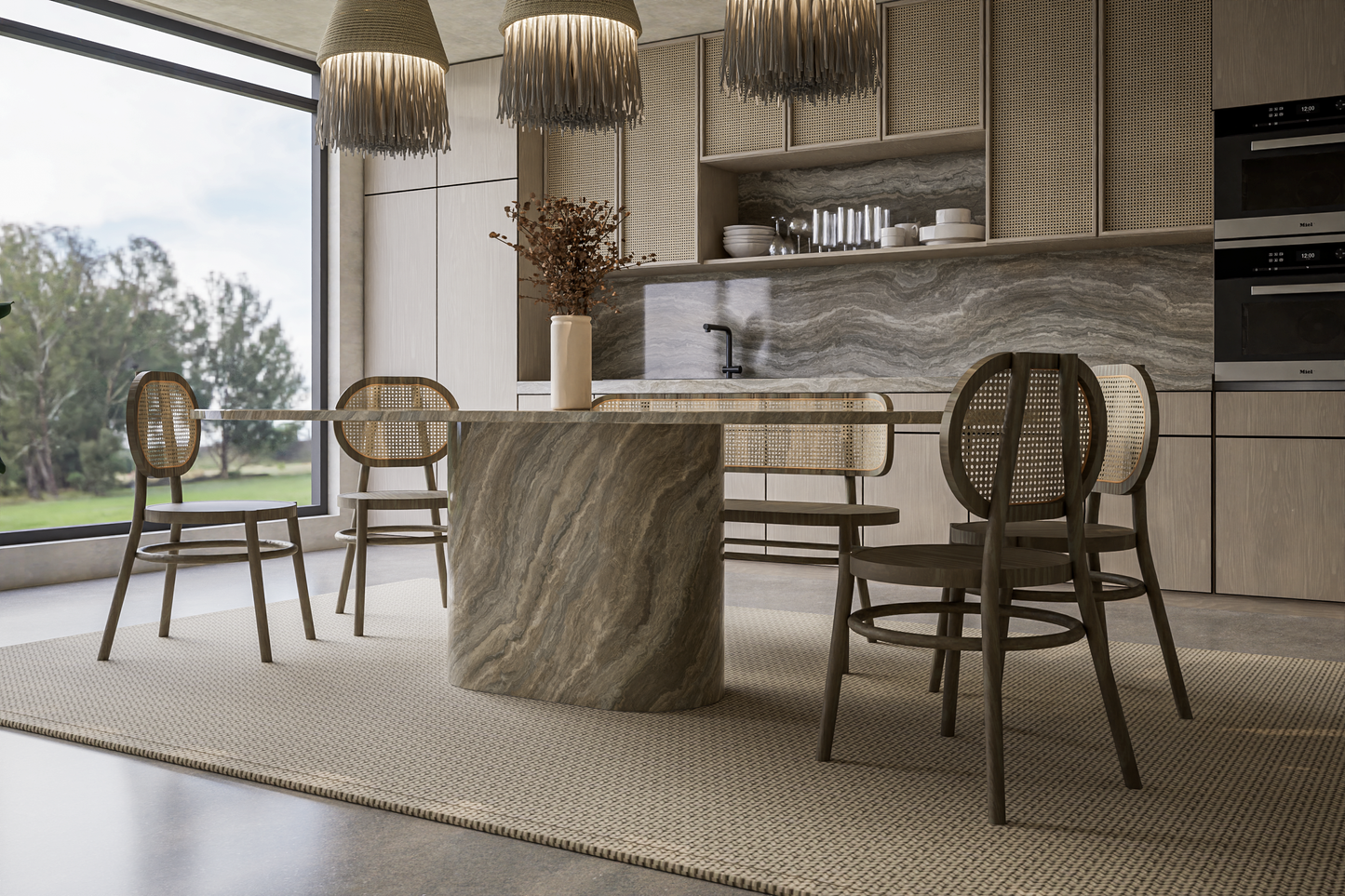 Natural Stone Oval Table with Central Pedestal