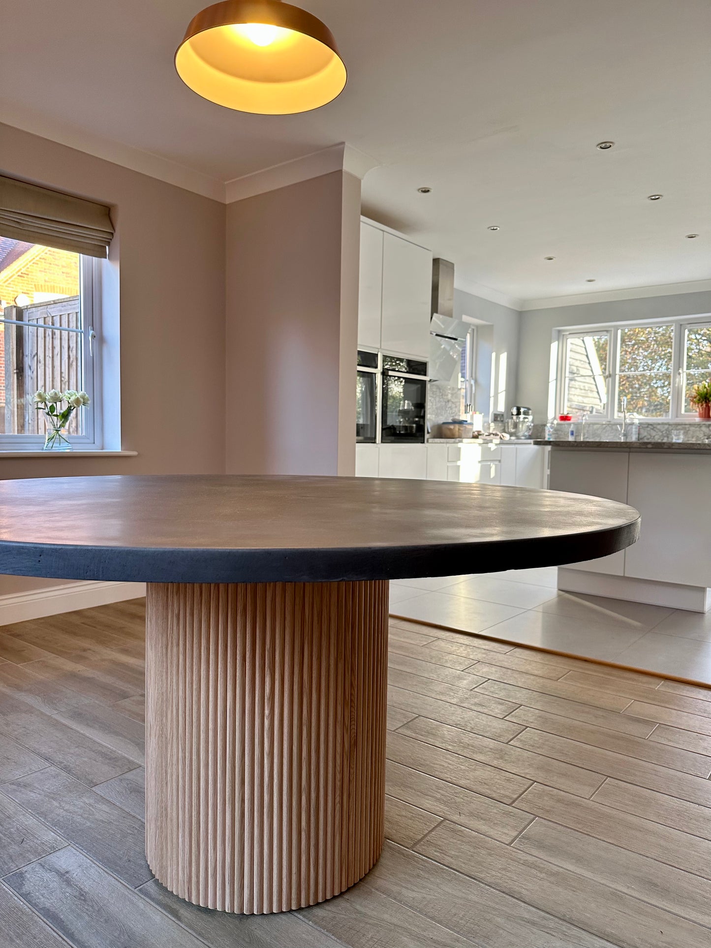 Circular Concrete Dining Table and Oak Column Pedestal