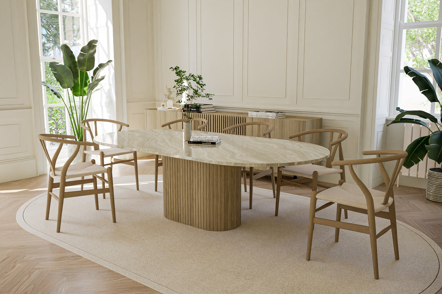 Natural Stone Oval Table with Central Oak Pedestal