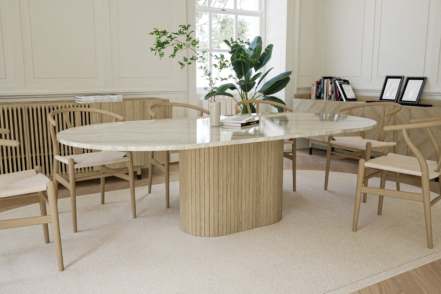 Natural Stone Oval Table with Central Oak Pedestal