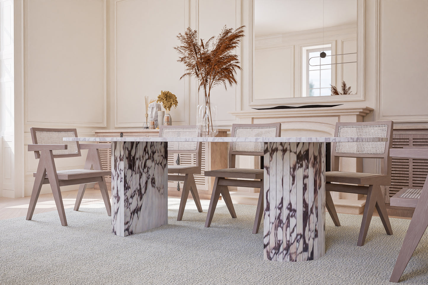 Natural Stone Oval Table with Semi Circle Pedestals