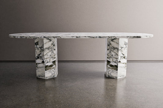 Natural Stone Oval Table with Hexagonal Pedestals