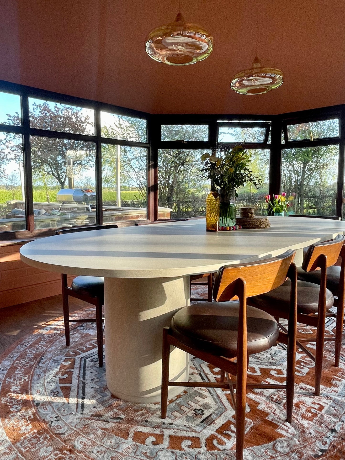 Concrete Oval Table with Cylinder Pedestals